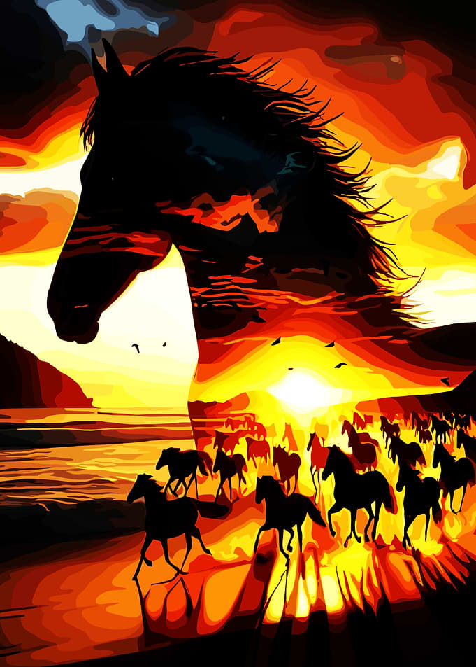 Horses Silhouette Sunset Beach
