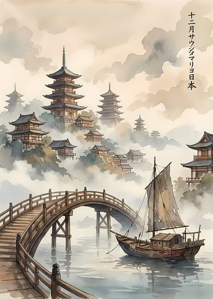 Japanese Pagodas and Boat Watercolor Painting