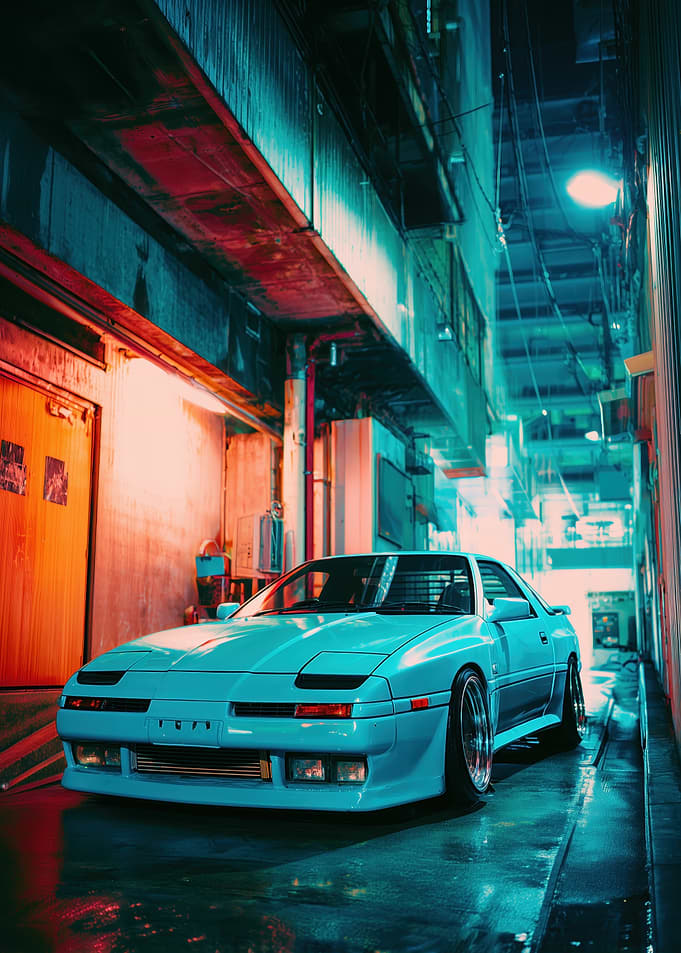Blue Car in Urban Alleyway
