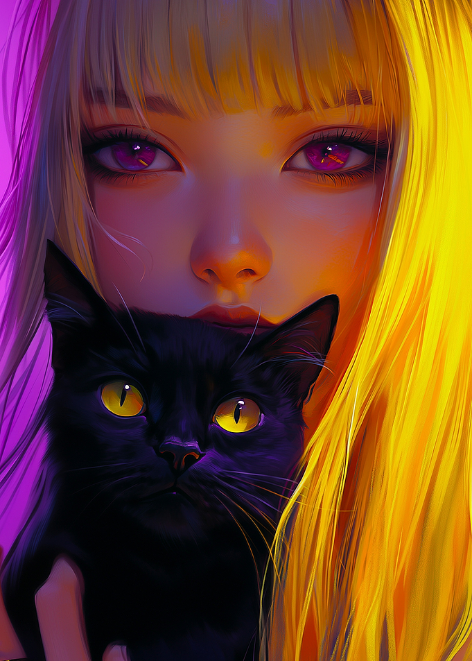 Girl with Black Cat Portrait