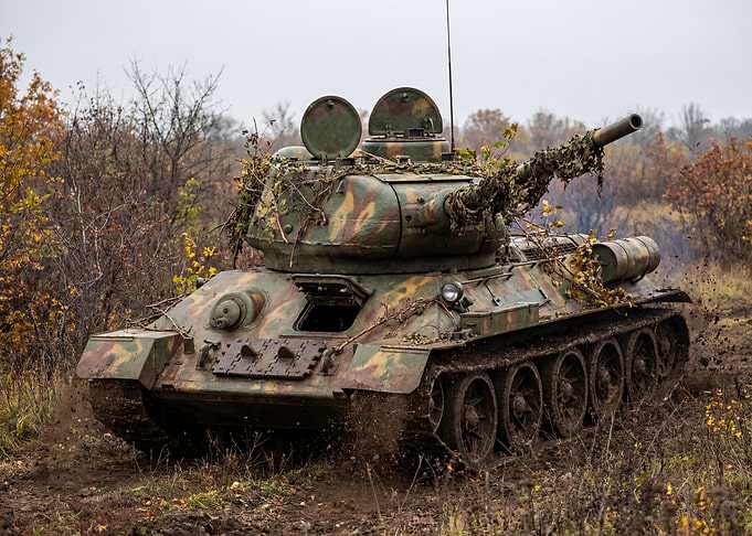 Camouflaged Tank in Muddy Terrain