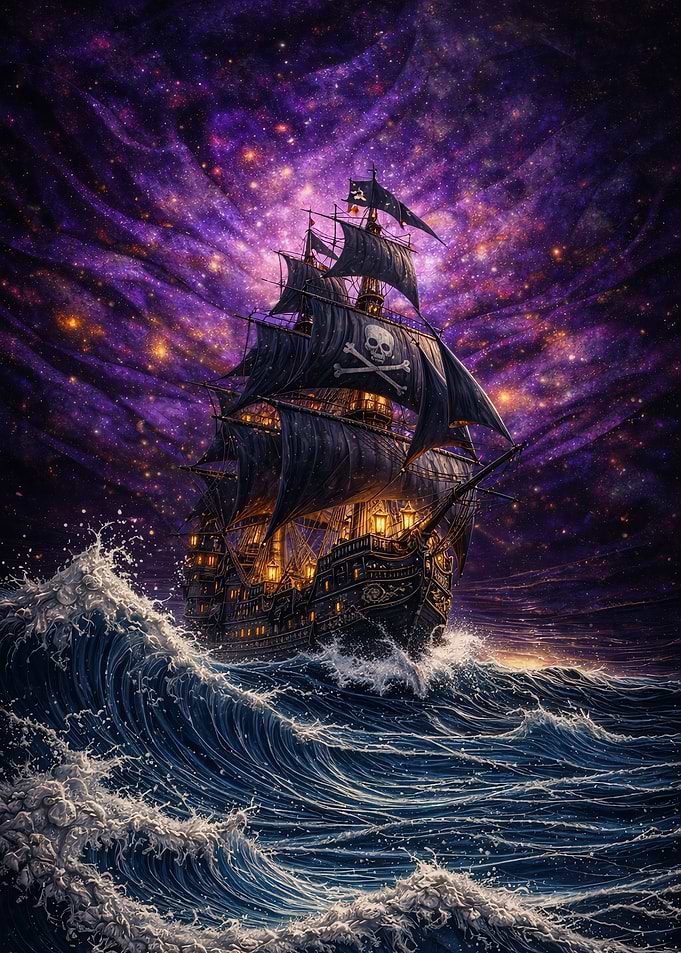 Pirate Ship Sailing Through Starry Sea
