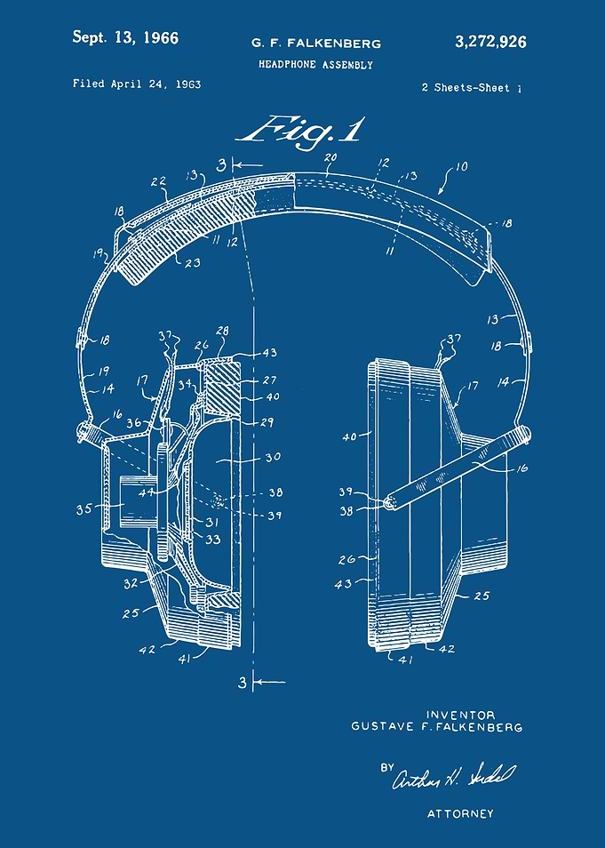 Headphone Assembly Patent, Vintage headphone patent
