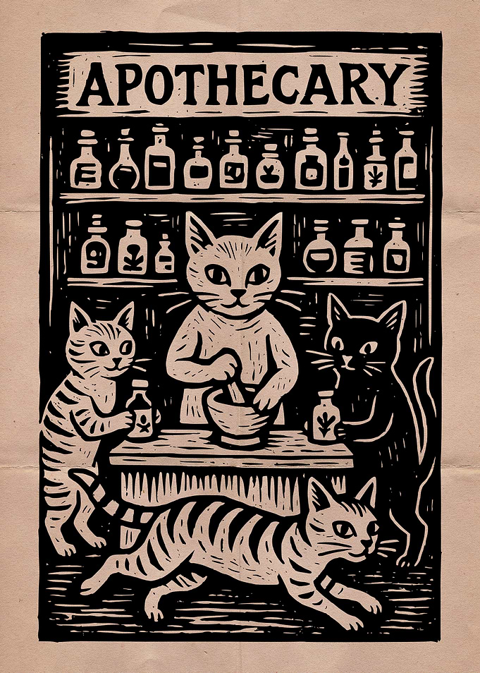 Apothecary Cats Linocut Print
