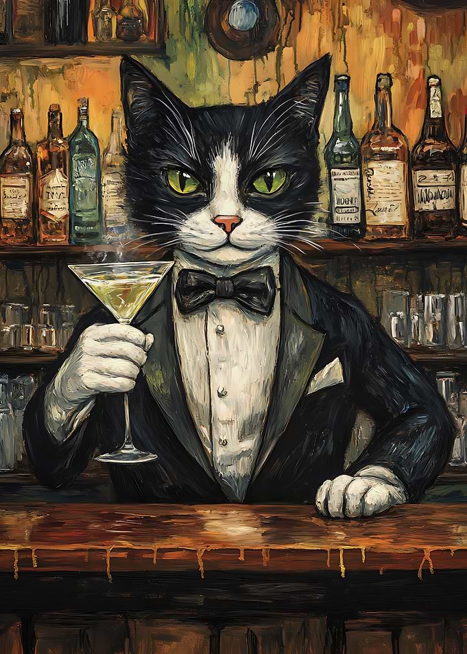 Sophisticated Cat with Martini at Bar