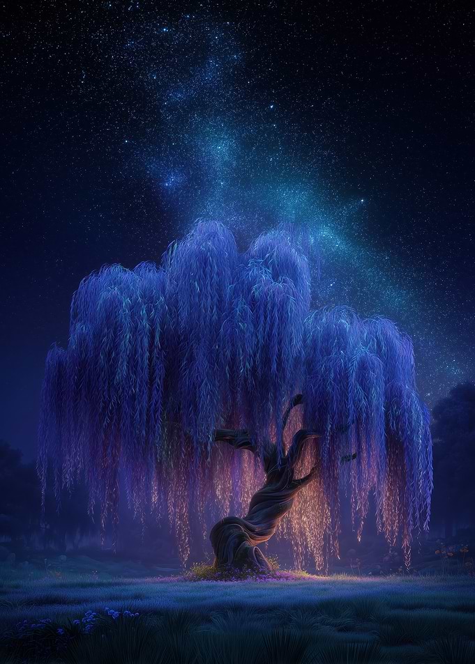 Mystical Willow Tree Under Starry Sky