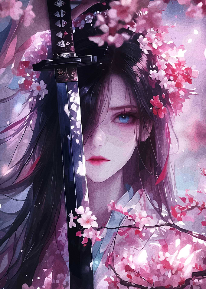Anime Girl with Katana and Cherry Blossoms