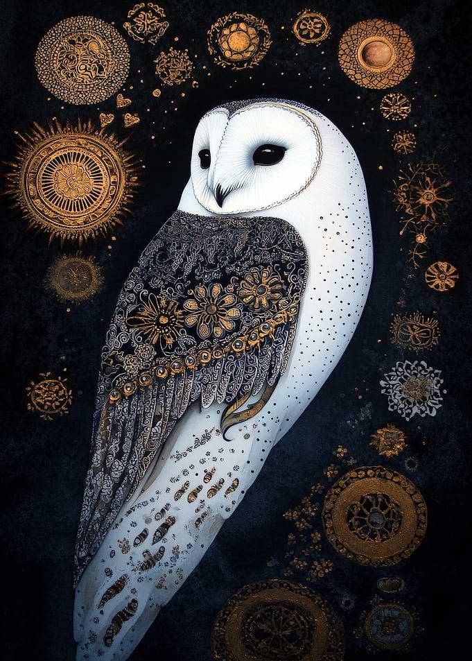 Ornate Owl with Golden Celestial Ornaments