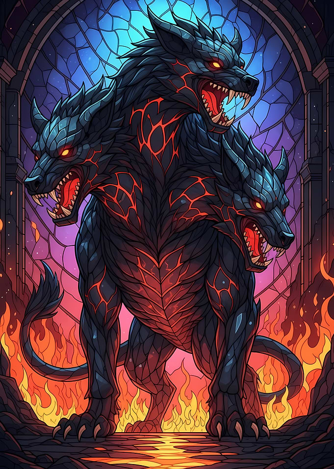 Three-Headed Dog in Fiery Underworld