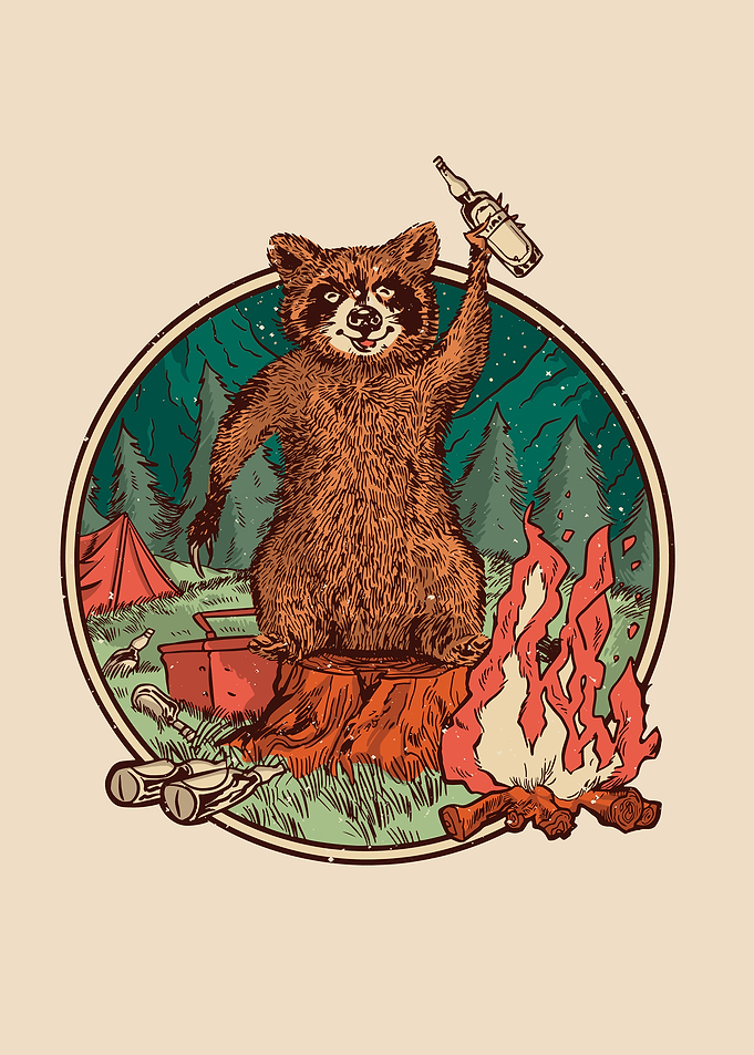 Raccoon Camping with Campfire and Booze