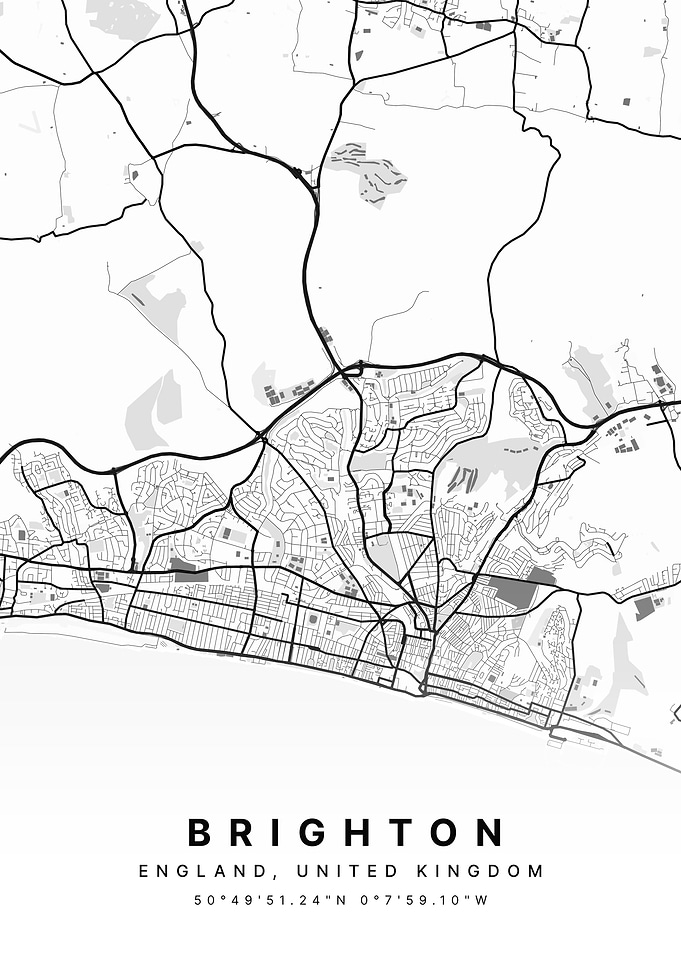 Brighton England White and Black Map