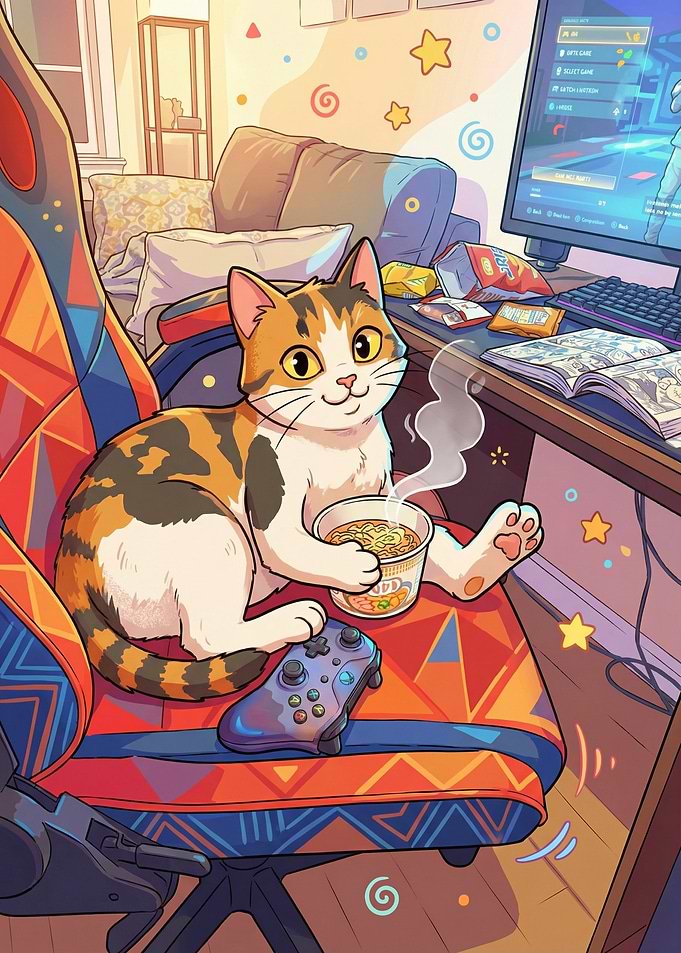 Cat Gaming with Ramen Noodles on PC
