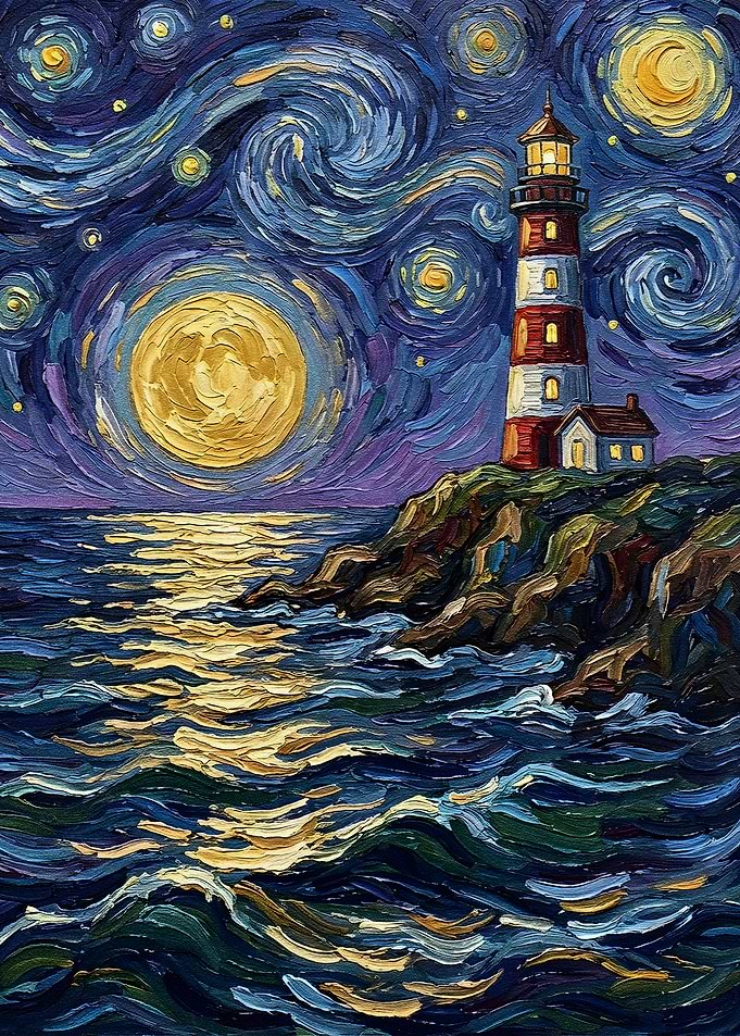 Lighthouse under Starry Night Sky Painting