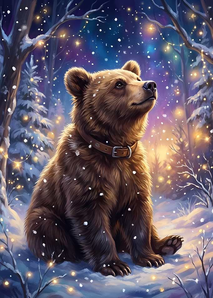 Winter Bear with Collar in Snowy Forest