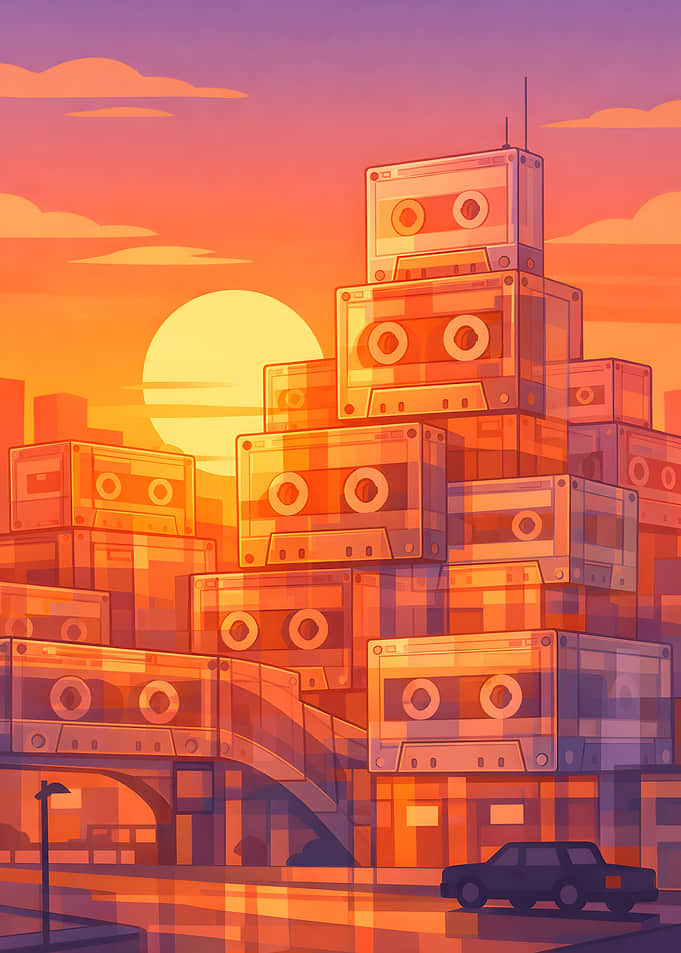 Cassette Tape Cityscape at Sunset