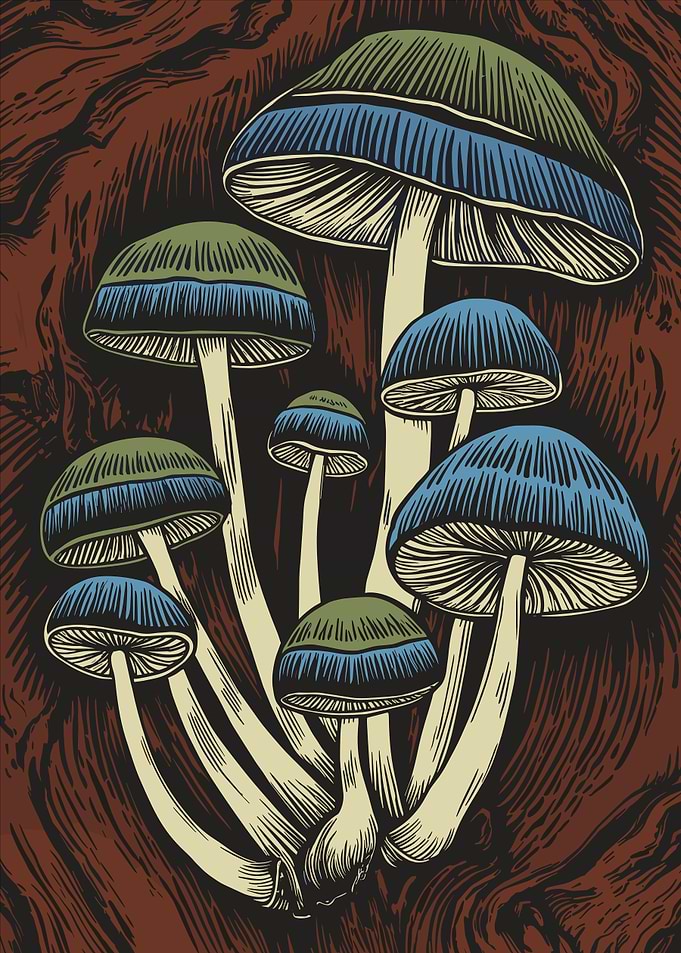 Blue and Green Mushroom Cluster Art Print