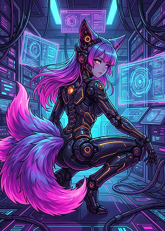 Cyberpunk Fox Girl in Server Room