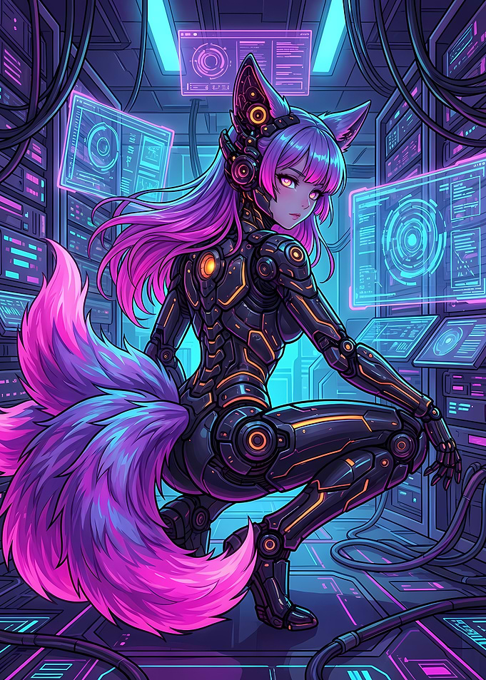 Cyberpunk Fox Girl in Server Room