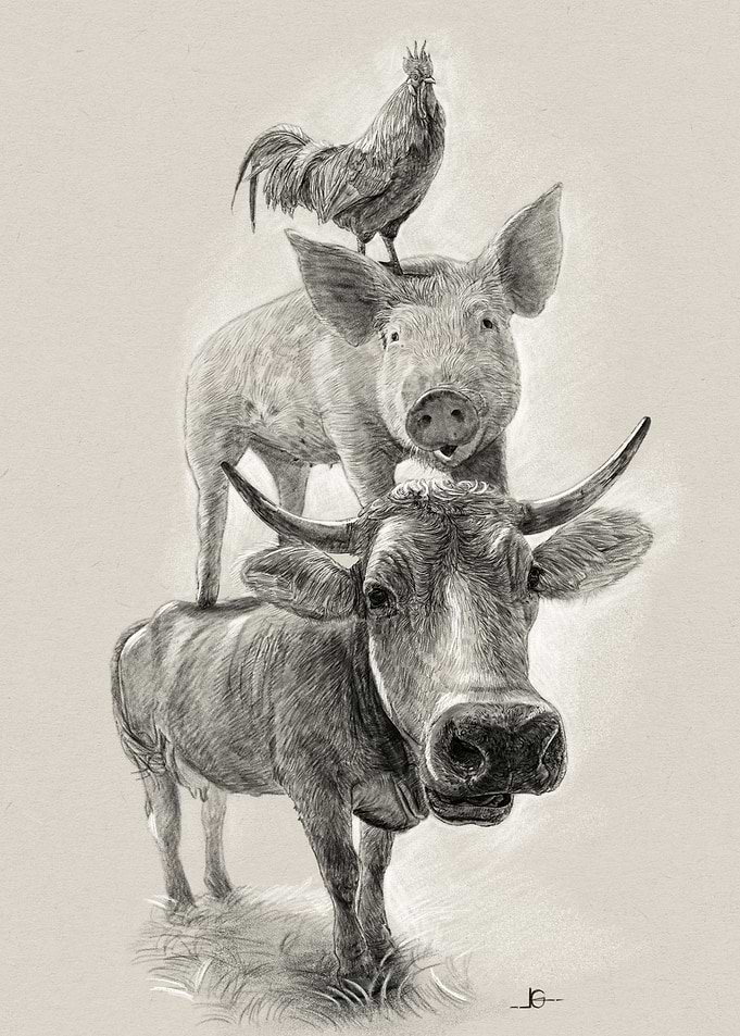 Cow Pig Chicken - Stacked Farm Animals Pencil Drawing