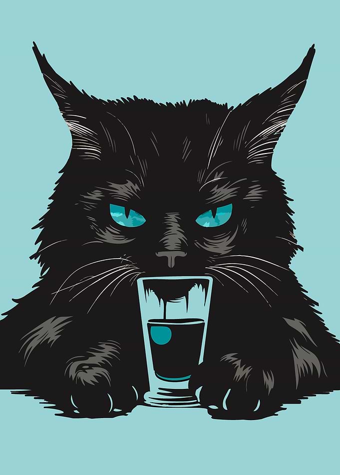 Black Cat Drinking from Glass