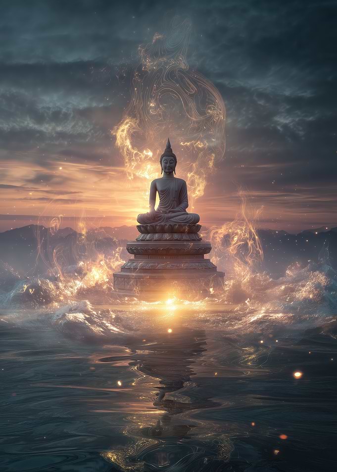 Buddha Statue in Water with Golden Light