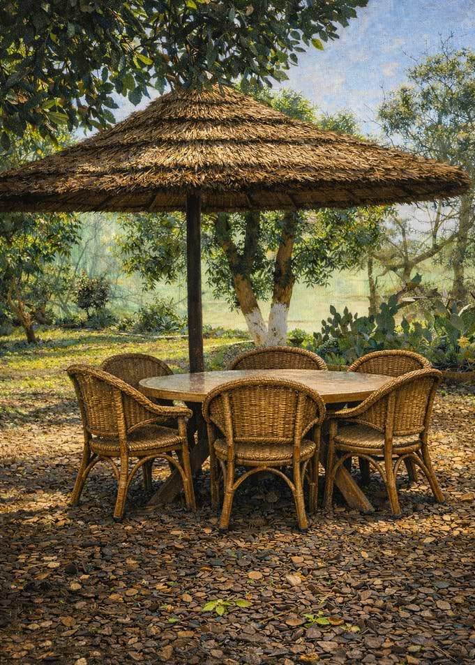 Outdoor dining set with thatched umbrella