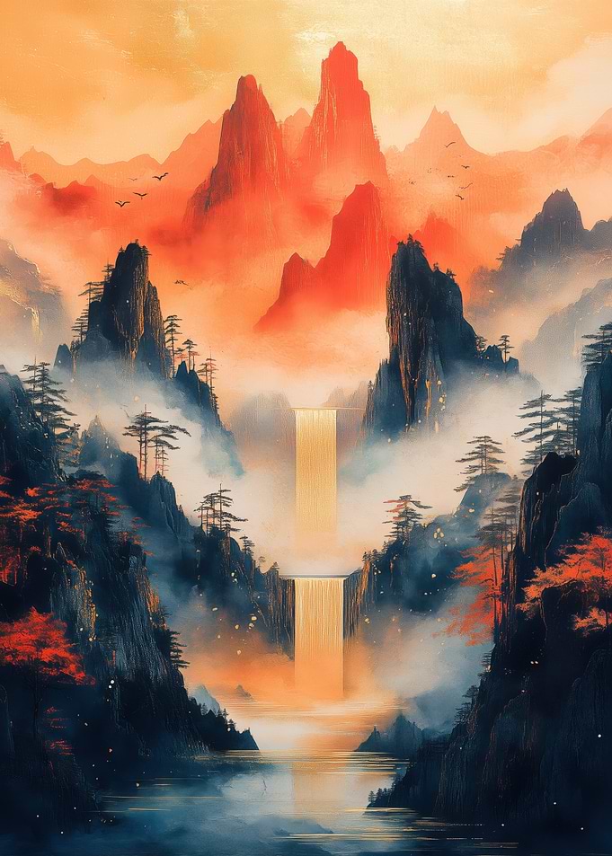 Mountain Waterfall Landscape Painting