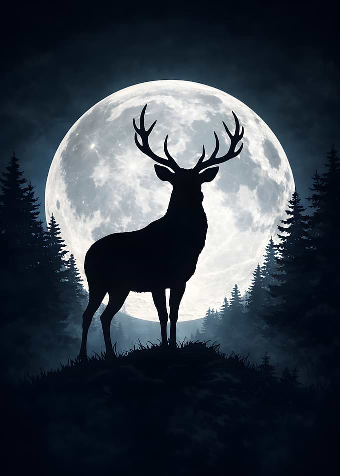 Silhouette of a Deer Under Moonlight