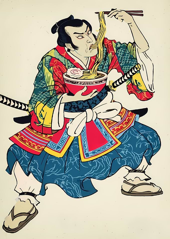 Samurai eating ramen illustration