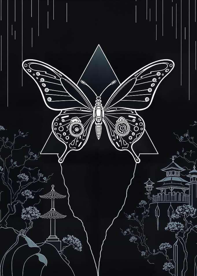 Steampunk Butterfly with Asian Landscape