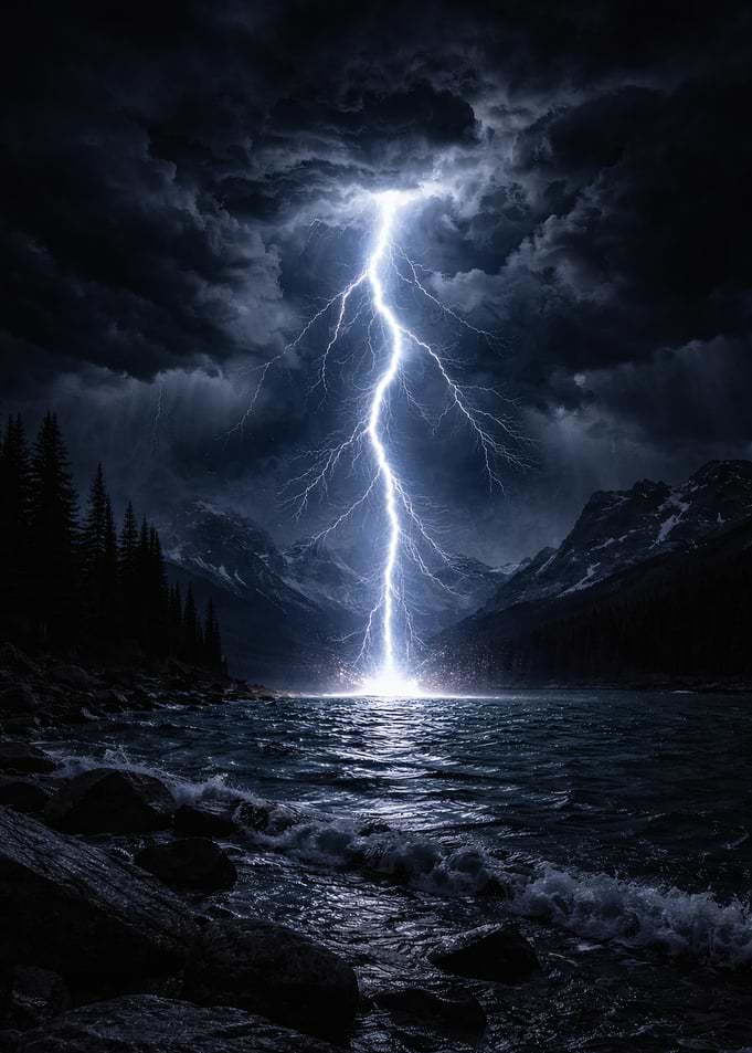 Lightning Strike Over Mountain Lake