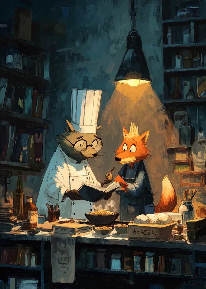 Cartoon Chefs Cooking Together in Kitchen