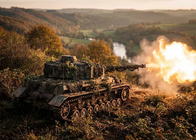 Tank firing in a natural landscape