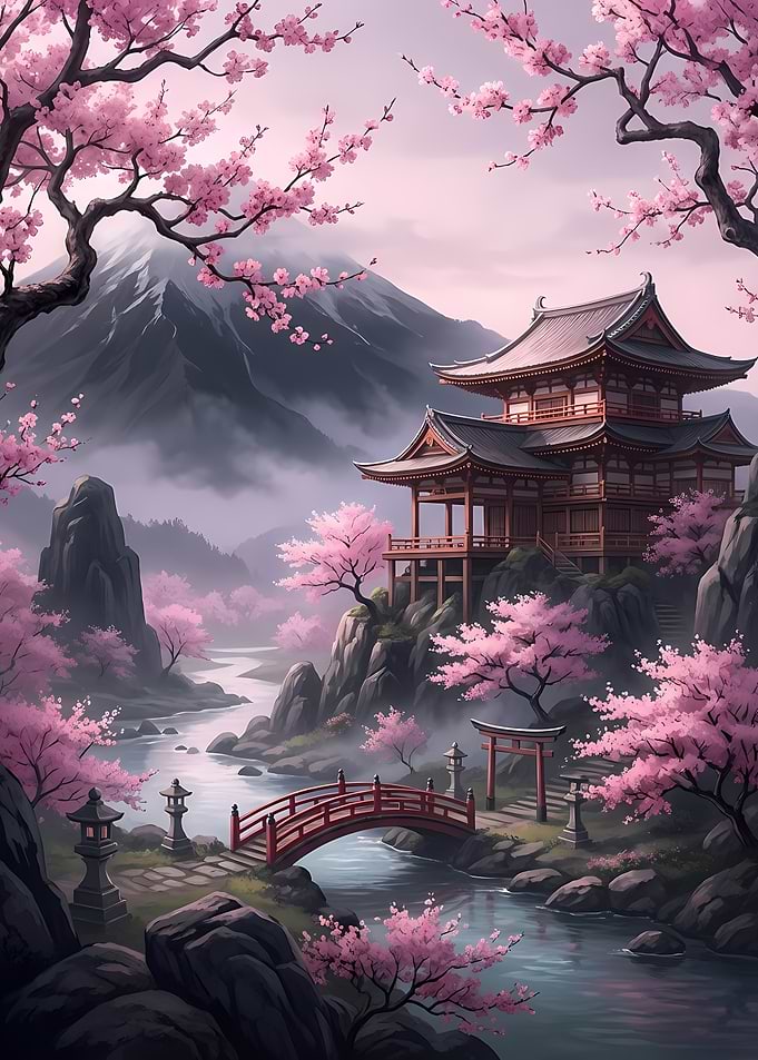 Japanese Temple with Cherry Blossoms