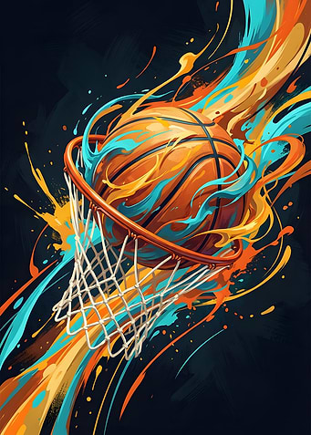 Basketball Through Hoop with Colorful Splashes