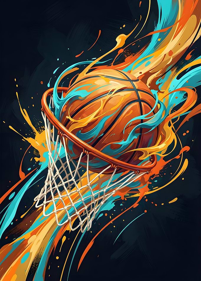 Basketball Through Hoop with Colorful Splashes
