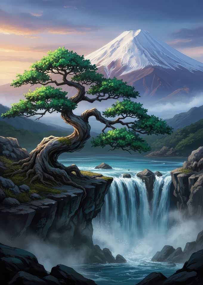 Bonsai Tree Waterfall Mountain Landscape