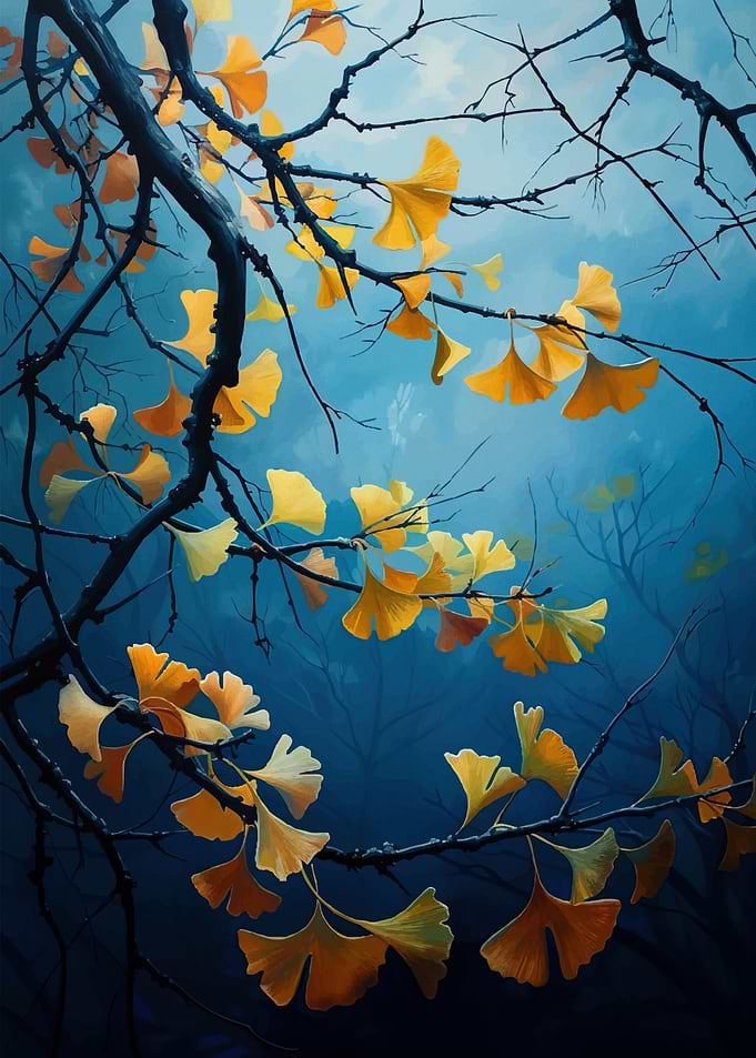 Ginkgo Leaves on Branches, Blue Background