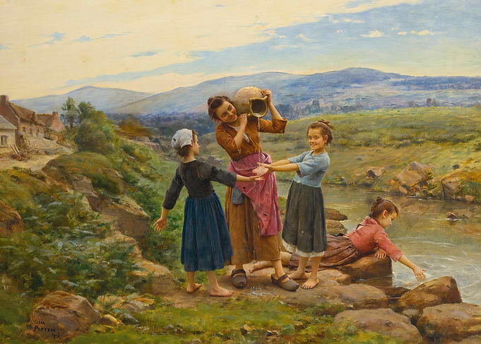 Children playing by a river painting
