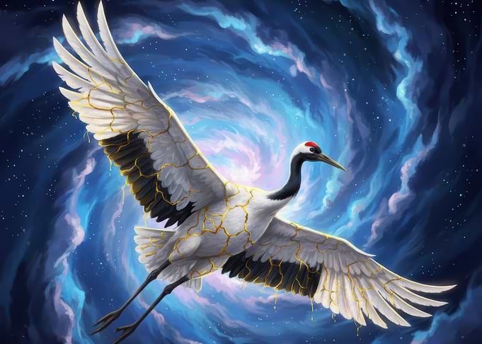 Crane in Flight Against Cosmic Background