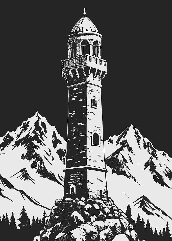 Monochrome Tower in Mountainous Landscape