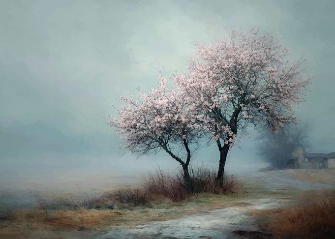 Spring Blossom Trees in Misty Landscape