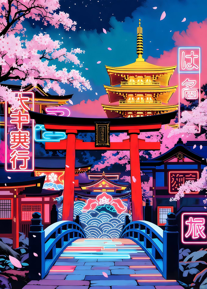Japanese Temple with Cherry Blossoms