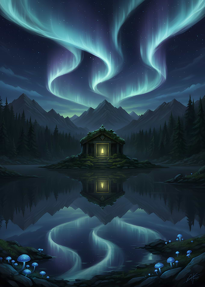 Aurora Borealis over Cabin Reflection
