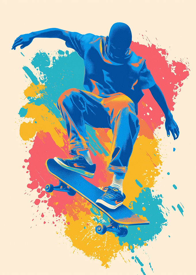 Skateboarder in Action with Colorful Splashes