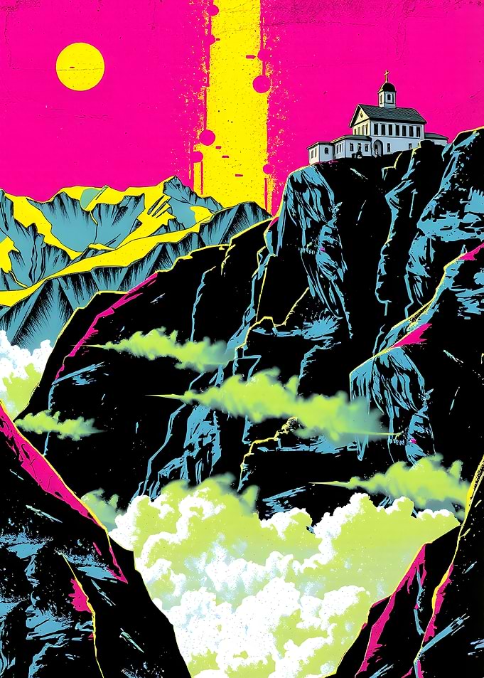 Mountain Landscape with Building and Clouds