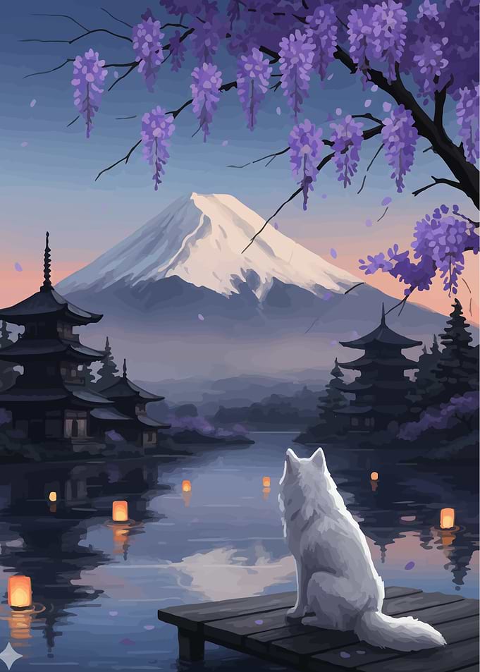 White Wolf Gazing at Mount Fuji