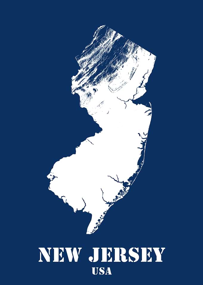 New Jersey USA State Minimalist White Topographic Contour Relief Map featuring terrain on navy blue background