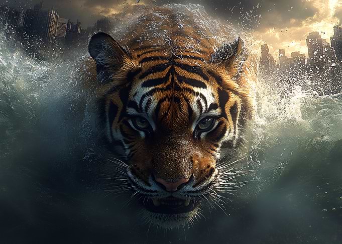 Tiger Swimming in Flooded Cityscape