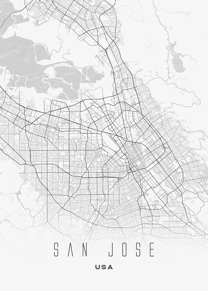 San Jose, California - Downtown City Streets Map Poster, USA Modern Wall Art